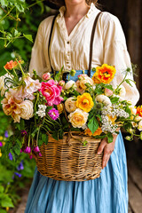 A woman is holding a wicker basket full of garden flowers. Floral gardening concept