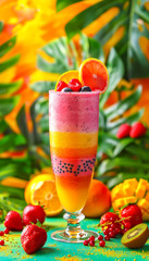 A colorful drink with a straw on a table with fruit and berries. Tropical summer layered dessert.