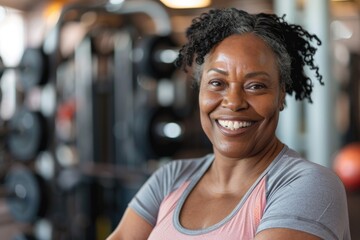 Portrait of a smiling middle aged woman in a gym