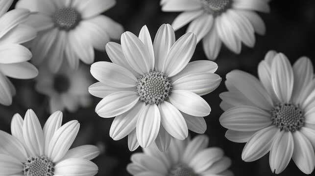   A monochromatic image of numerous daisies, surrounded by daisy-filled background