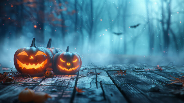 Spooky Pumpkins on wooden table with dark forrest in background - halloween wallpaper