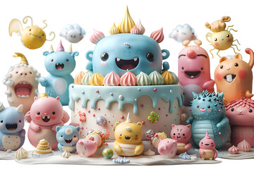 A 3D animated cartoon render of a giant cake surrounded by excited fairytale creatures. - obrazy, fototapety, plakaty