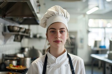 Portrait of a young female chef in commercial kitchen