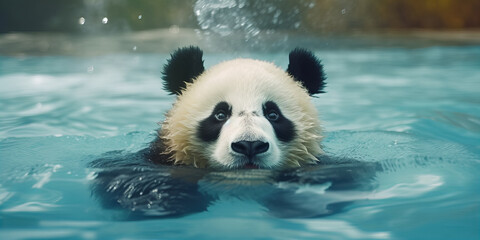 Adorable Swimming Panda Enjoys Serene Water Splashes in Nature Banner
