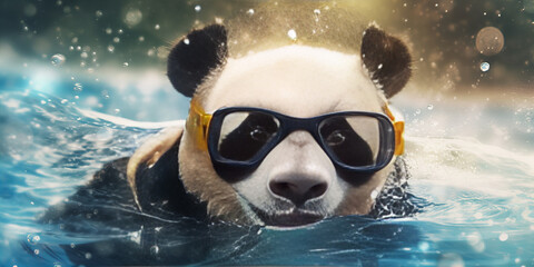 Adventurous Swimming Panda with Stylish Sunglasses Splashing Banner