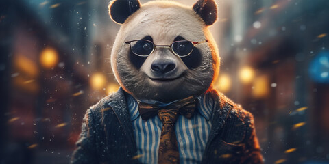 Stylish Panda Gentleman in a Dazzling Cityscape Event Banner