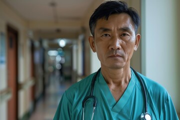 Portrait of a middle aged male healthcare worker in scrubs at hospital