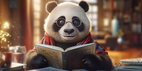 Intelligent Panda Enjoys a Good Read in Cozy Library Banner