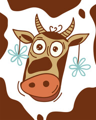 Funny cartoon cow, simple children s drawing in doodle style. Farm animals, barnyard, cattle. hand drawing. Not AI, T-shirt. Vector illustration
