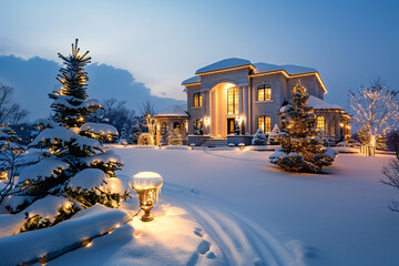 A grand luxury residence captures the essence of winter with a snow-covered front yard illuminated...