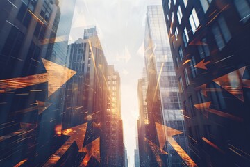 Abstract city with upward arrows and daylight. Double exposure. Finance concept. - obrazy, fototapety, plakaty