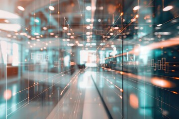 BIG DATA. Modern open space office interior blurred with information technology overlay. Finances.