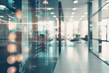 BIG DATA. Modern open space office interior blurred with information technology overlay. Finances.