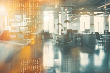 BIG DATA. Modern open space office interior blurred with information technology overlay. Finances.