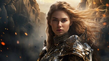 A woman with long blonde hair, wearing armor, stands in front of a canyon with rocks and fire.
