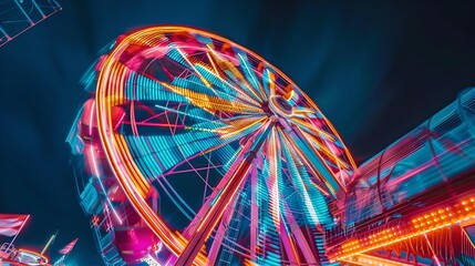 Vibrant Night at the Fair: Colorful Ferris Wheel Lights Up the Sky. Amusement Park Excitement Captured in a Moment. Perfect for Themes of Joy and Entertainment. AI - obrazy, fototapety, plakaty