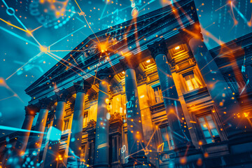Futuristic Digital Banking Concept Art. A classic bank building overlaid with dynamic digital network graphics symbolizing fintech and the future of finance.