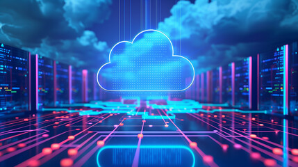 Futuristic Cloud Computing Network Servers. Digital illustration of cloud computing infrastructure with vibrant blue neon lights and futuristic data servers. - obrazy, fototapety, plakaty