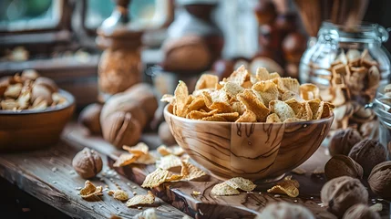 Fotobehang Mixed nuts in wooden bowls on black stone table. Almonds, pistachio, walnuts, cashew, hazelnut. Top view nut photo. © Prasanth