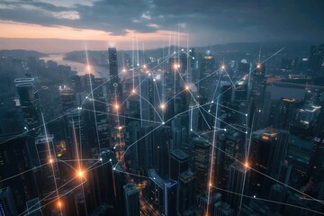 Connected Cityscape at Night with IoT Network