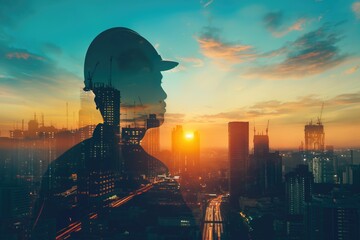 The double exposure image of the engineer standing back during sunrise overlay with cityscape image. - obrazy, fototapety, plakaty