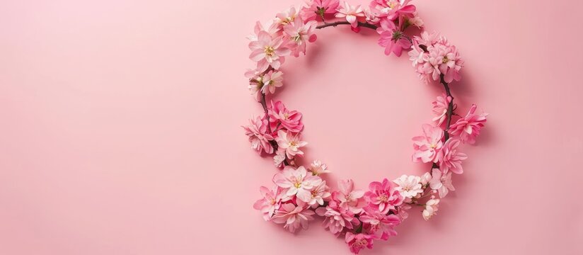Arrangement of flowers. Circular pink flower wreath on a pink surface. Flat lay photo from above with room for text.