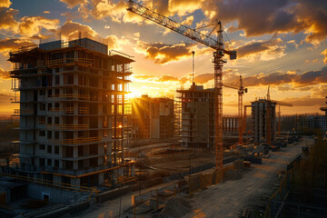 A late afternoon construction site on the outskirts assembling futuristic apartment buildings under a golden sunset. /