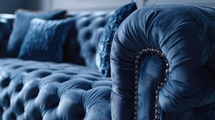 Obraz premium A detailed shot of a luxurious velvet sofa, featuring deep tufting, rolled arms, and plush cushions, inviting relaxation and comfort in a modern living room.