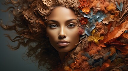 Fototapeta premium Close-up of a woman with long flowing brown hair decorated with autumn leaves and flowers. Her skin is a warm brown shade and she has a soft smile.