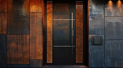 A detailed view of a contemporary front door with a unique textured surface, featuring a bold color contrast and sleek hardware for a striking entrance.