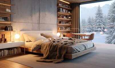 A modern bedroom with wooden furniture, a concrete floor, warm lighting in a winter day