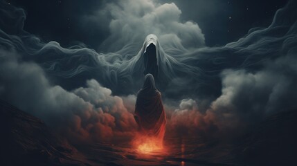 A hooded figure standing in front of a mystical hooded being. The sky is filled with dark clouds and smoke. - obrazy, fototapety, plakaty