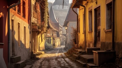Stone paved old streets with colorful houses in Sighisoara fortress