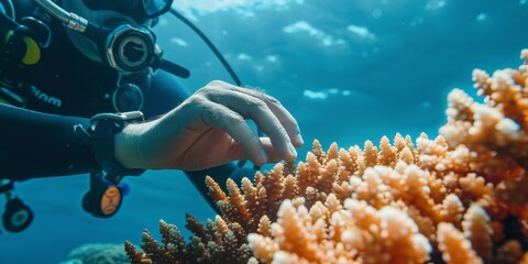 Diver Touching Coral in Scuba Suit