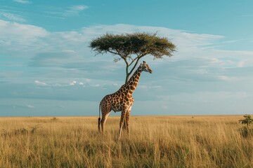 Elegant Giraffe Under Acacia Tree in Savanna