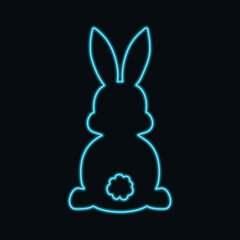 Blue neon rabbit silhouette on black background. Glowing outline hare neon sign. Vector illustration.

