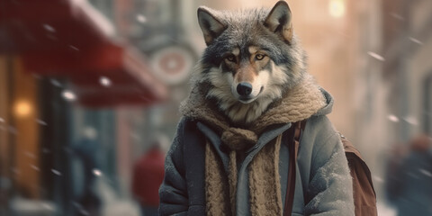 Mystical Winter Wolf Strolls Through Snowy Urban Wonderland Banner