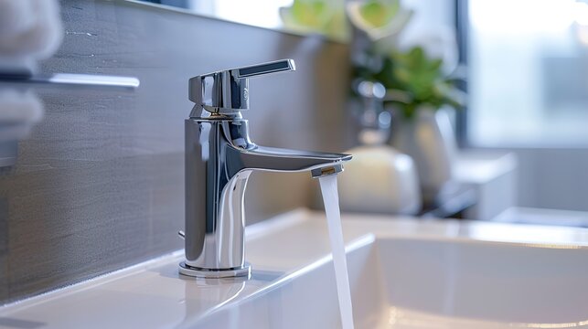 A macro image of a modern bathroom faucet, featuring a waterfall spout, brushed nickel finish, and single-handle operation, adding elegance and functionality to a contemporary bathroom sink.