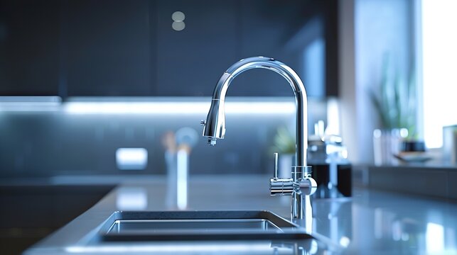 A macro image of a modern kitchen faucet, featuring a sleek gooseneck design, pull-down spray head, and touchless operation, combining style and functionality in a contemporary kitchen.