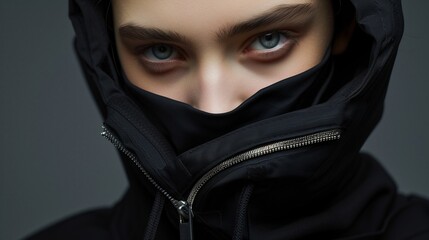 A close-up a face woman in zip-up clothing, eyes boldly staring. black backdrop. Girl in balaclava. Clothes advertising - obrazy, fototapety, plakaty