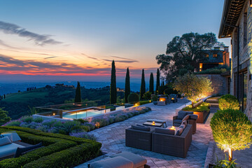 A luxurious hilltop residence offers panoramic views and a terrace garden at twilight.