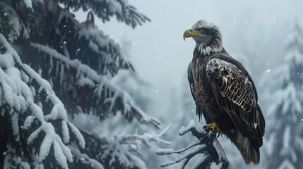 Stoic snowy eagles perched on snowy branches, surveying their winter domain.