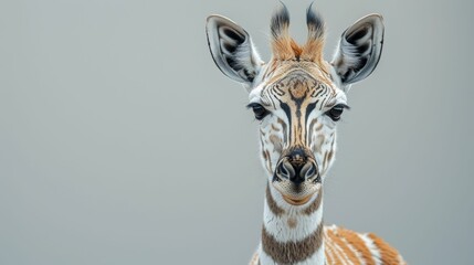 A giraffe with a brown and white face is looking at the camera