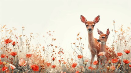 Two deer standing in a field of flowers