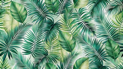 Generative ai.  green and white tropical leaf print fabric, green jungle background