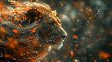 A lion with orange fur blowing in the wind - obrazy, fototapety, plakaty