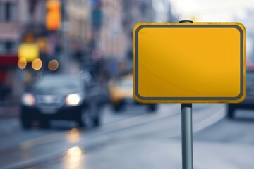 A yellow blank traffic sign on a blurred background of a car driving in motion Generative AI