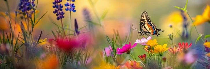 Butterfly Flying Over Field of Flowers