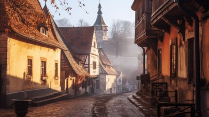 Stone paved old streets with colorful houses in Sighisoara fortress - obrazy, fototapety, plakaty