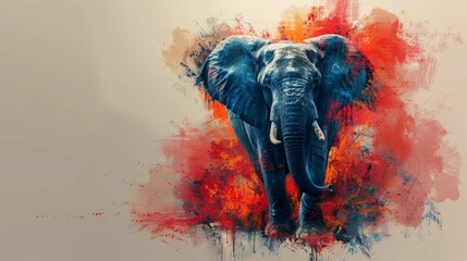A large elephant is standing in a red and orange background